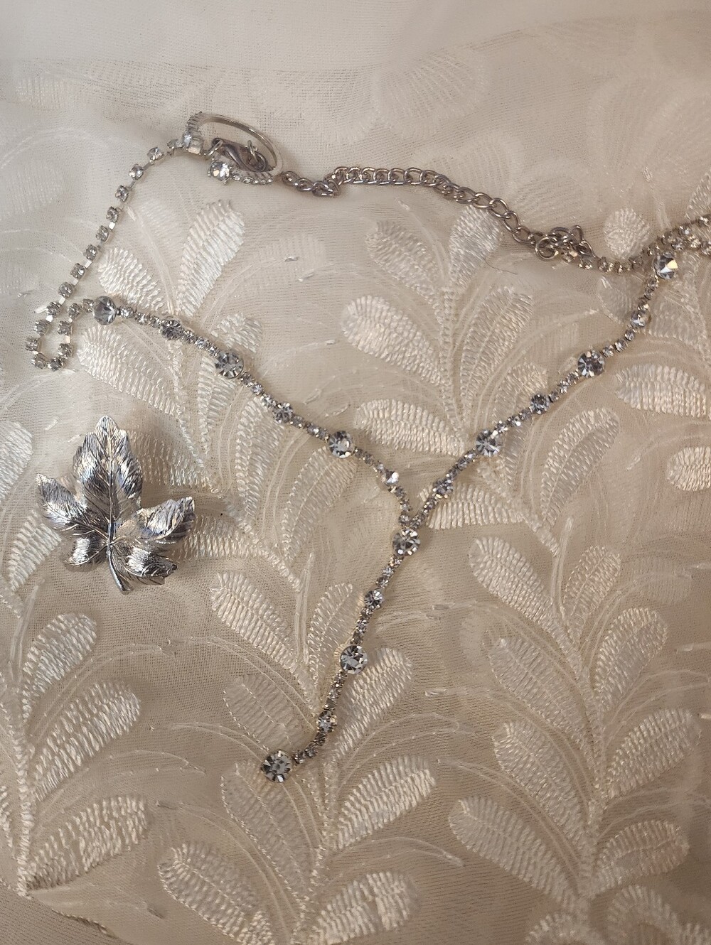 Vintage Jewelry Set: Crystal Encrusted Necklace, Silver Brooch & Accent Ring